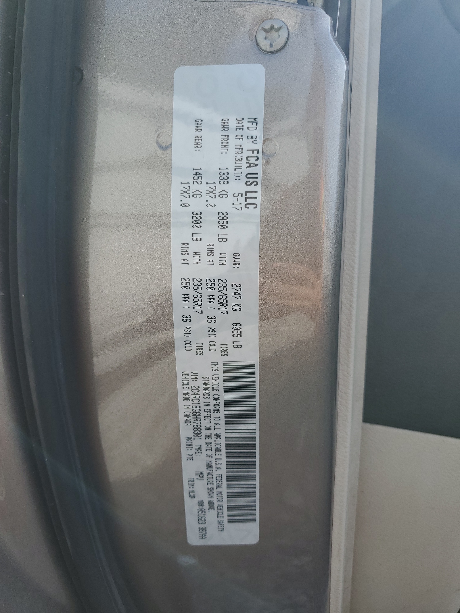 2C4RC1BG6HR788301 2017 Chrysler Pacifica Touring L