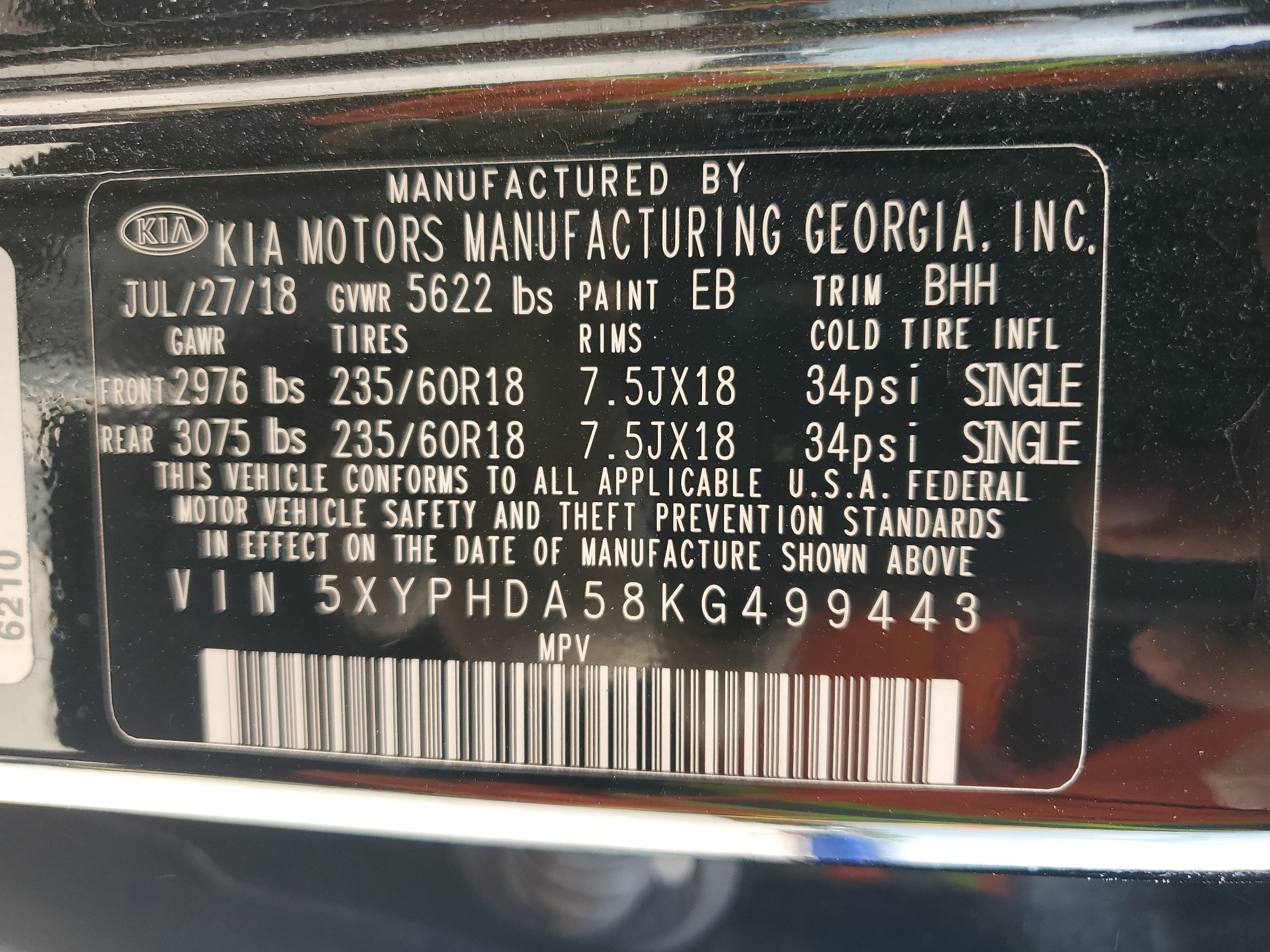 5XYPHDA58KG499443 2019 Kia Sorento Ex