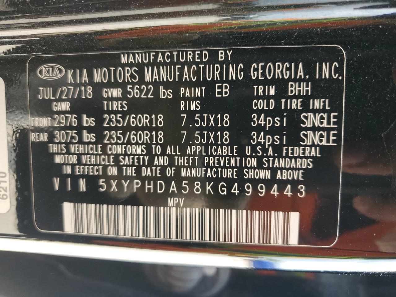 2019 Kia Sorento Ex VIN: 5XYPHDA58KG499443 Lot: 56062324