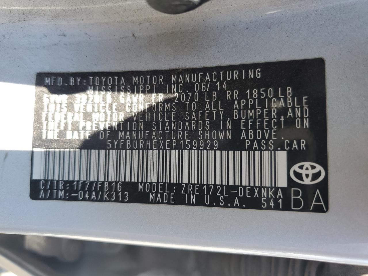 2014 Toyota Corolla L VIN: 5YFBURHEXEP159929 Lot: 54281474