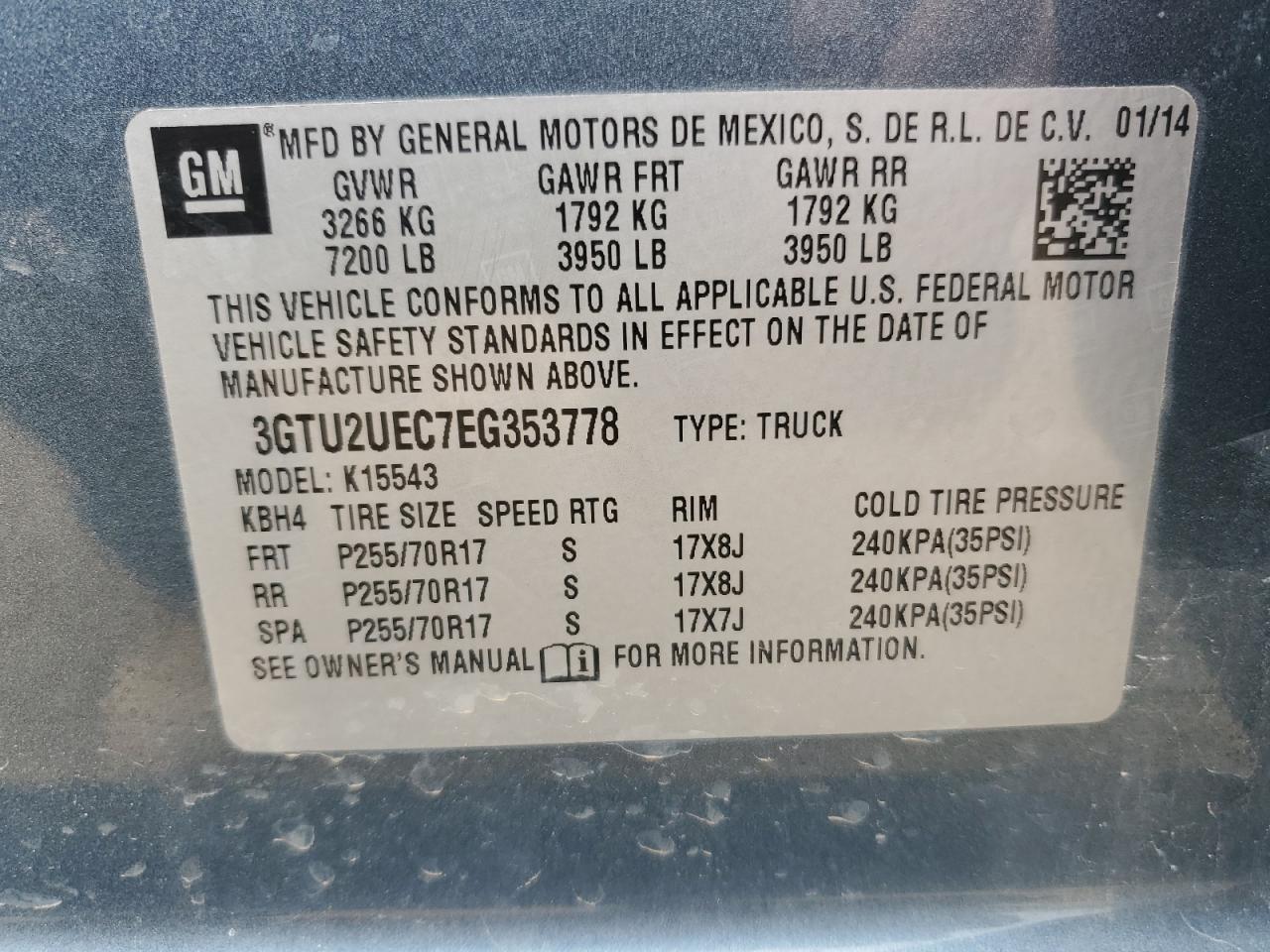 3GTU2UEC7EG353778 2014 GMC Sierra K1500 Sle