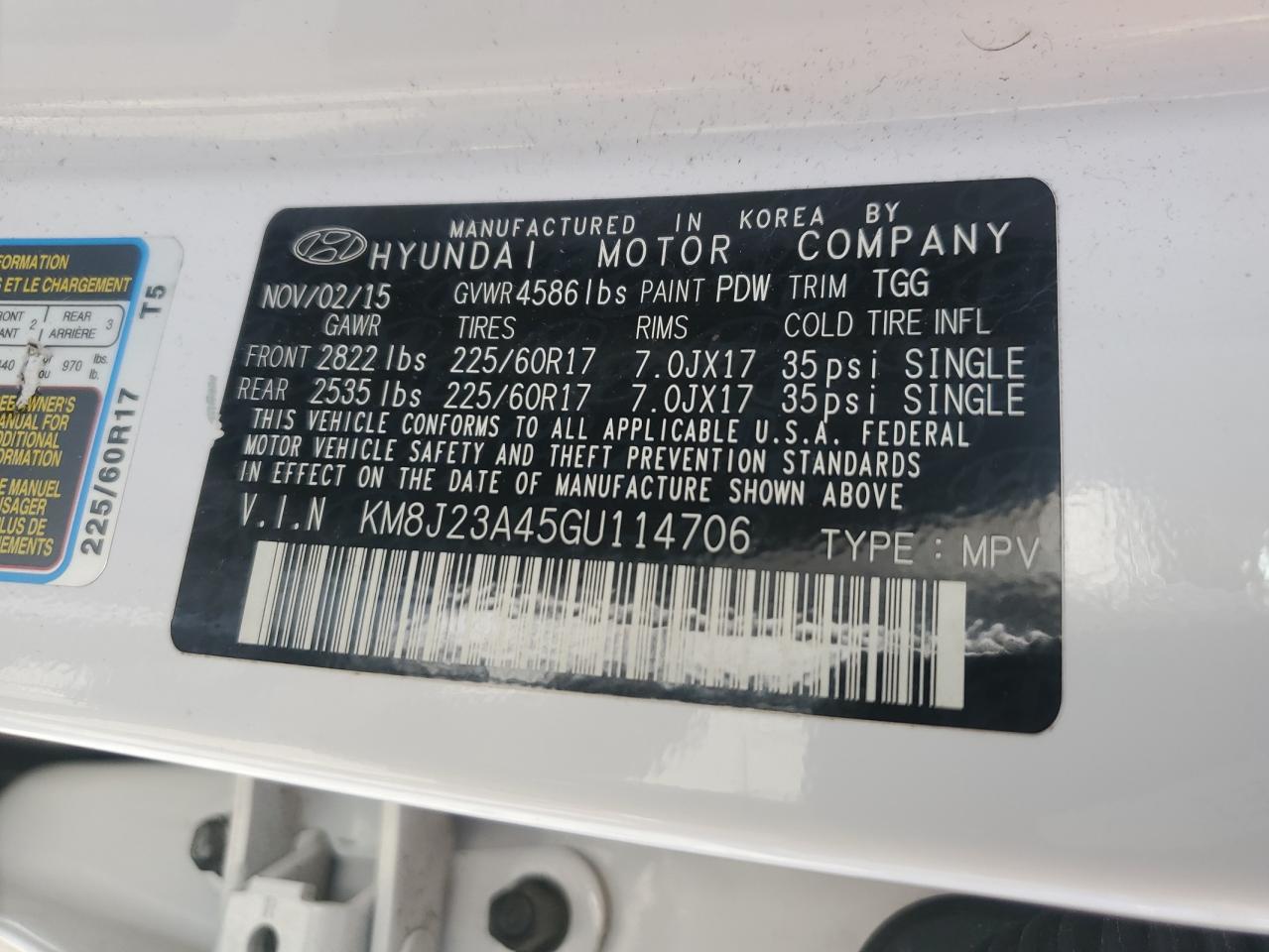 2016 Hyundai Tucson Se VIN: KM8J23A45GU114706 Lot: 53597984