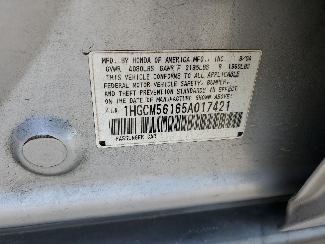 2005 Honda Accord Dx VIN: 1HGCM56165A017421 Lot: 55884314