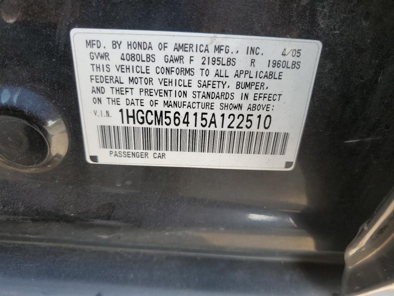 2005 Honda Accord Lx VIN: 1HGCM56415A122510 Lot: 55611194