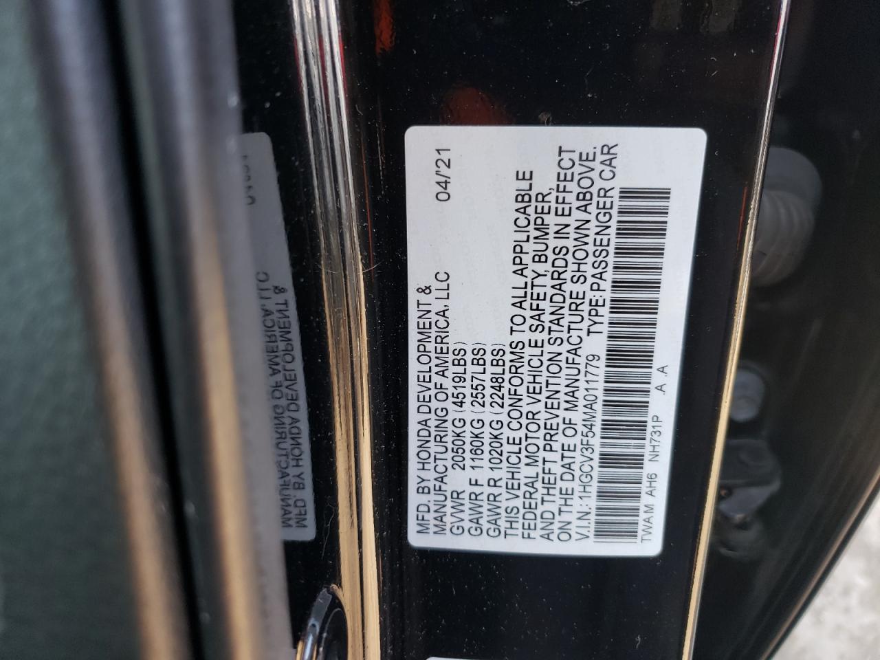 1HGCV3F54MA011779 2021 Honda Accord Hybrid Exl