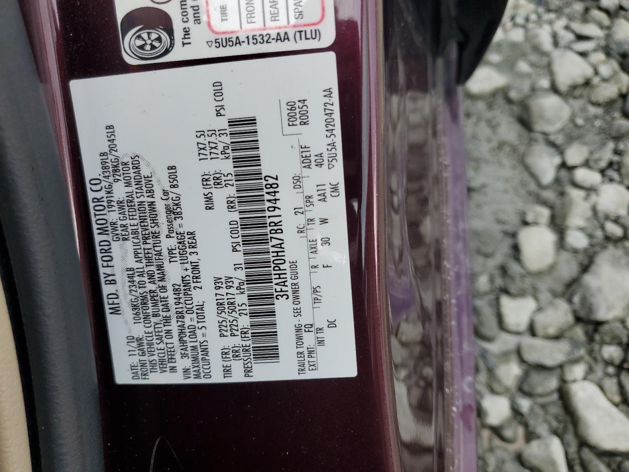 2011 Ford Fusion Se VIN: 3FAHP0HA7BR194482 Lot: 55298474