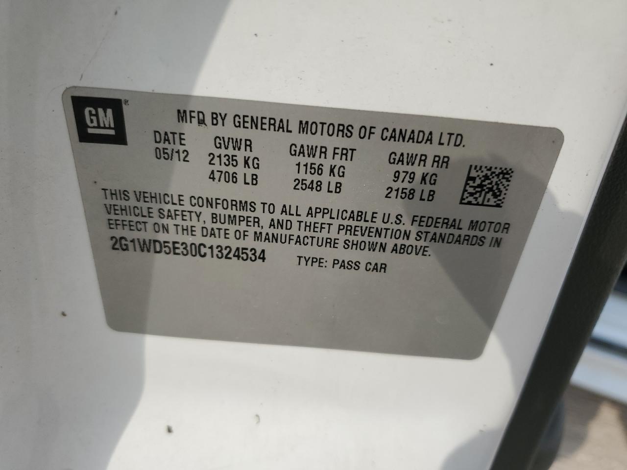 2012 Chevrolet Impala Police VIN: 2G1WD5E30C1324534 Lot: 56019894