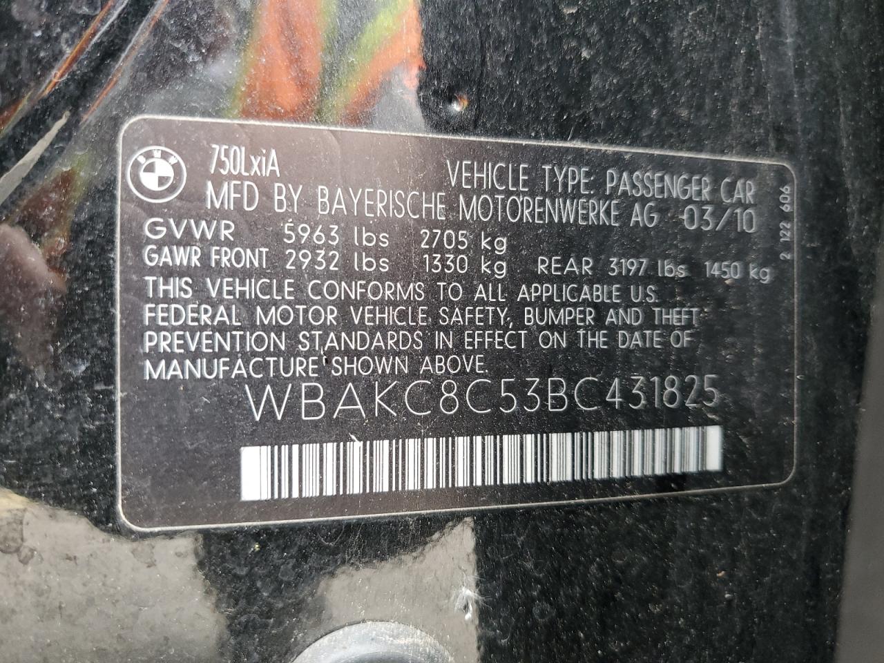 WBAKC8C53BC431825 2011 BMW 750 Lxi