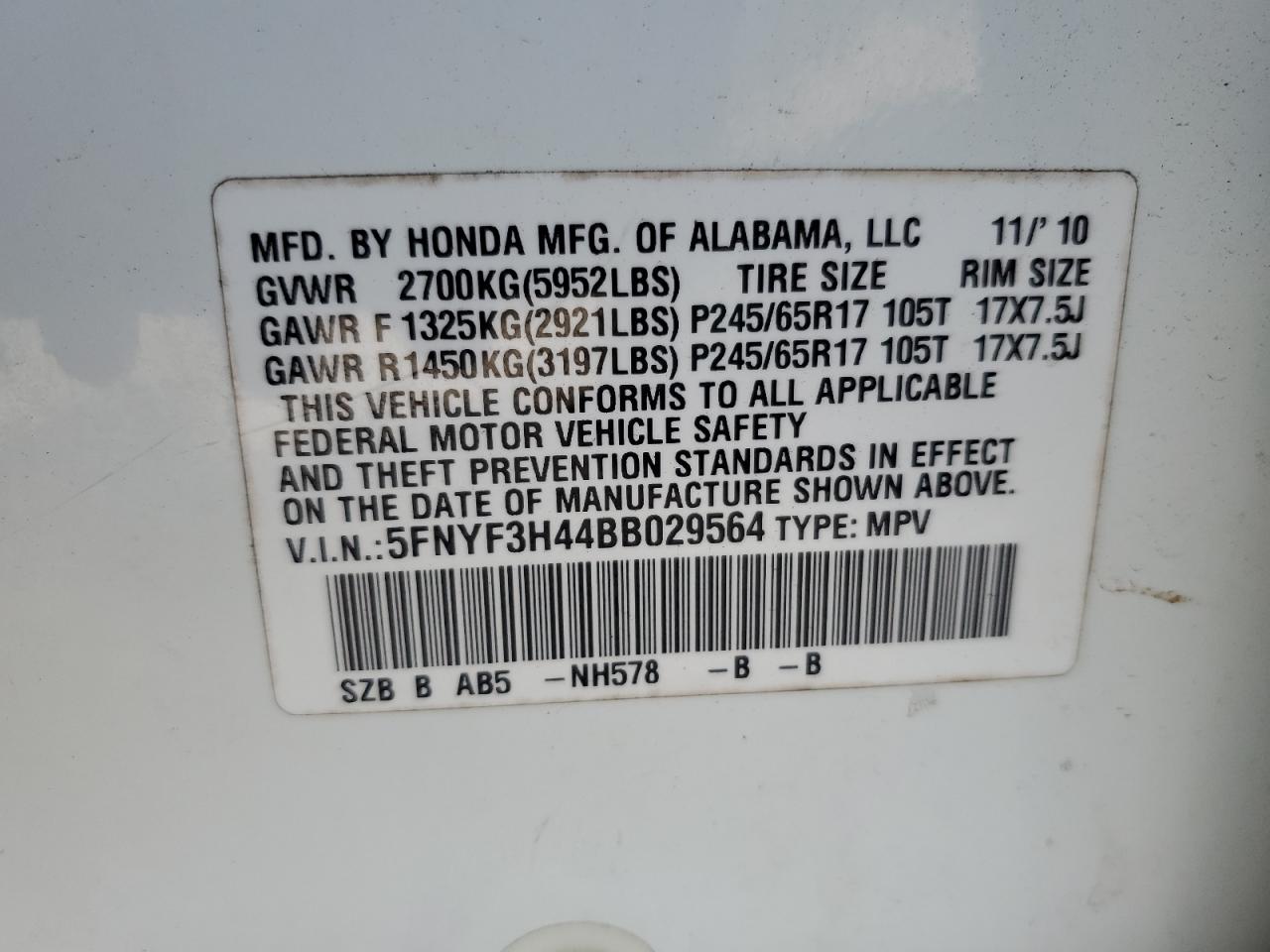 2011 Honda Pilot Ex VIN: 5FNYF3H44BB029564 Lot: 55259534