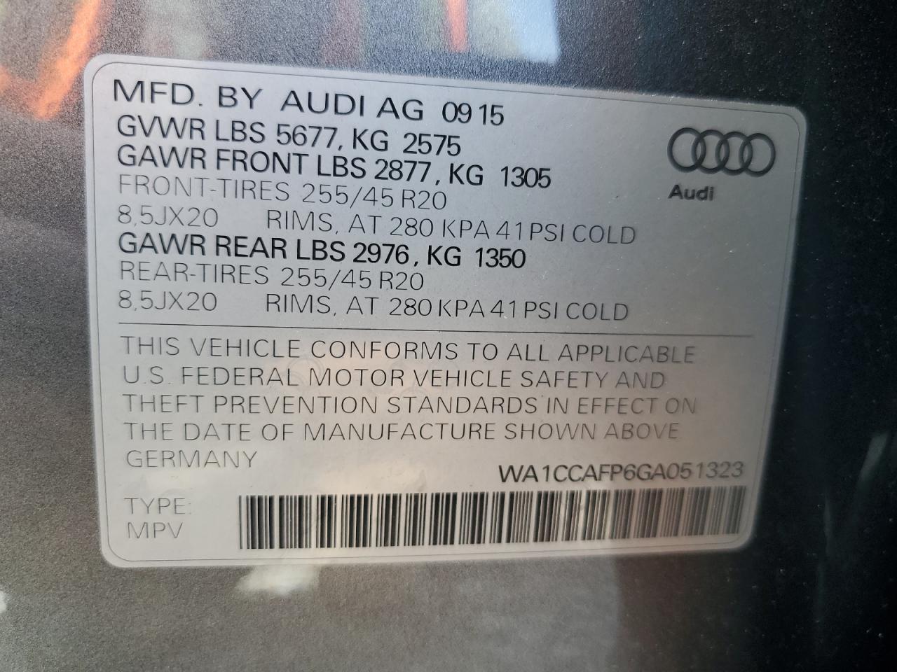 2016 Audi Sq5 Premium Plus VIN: WA1CCAFP6GA051323 Lot: 55078884