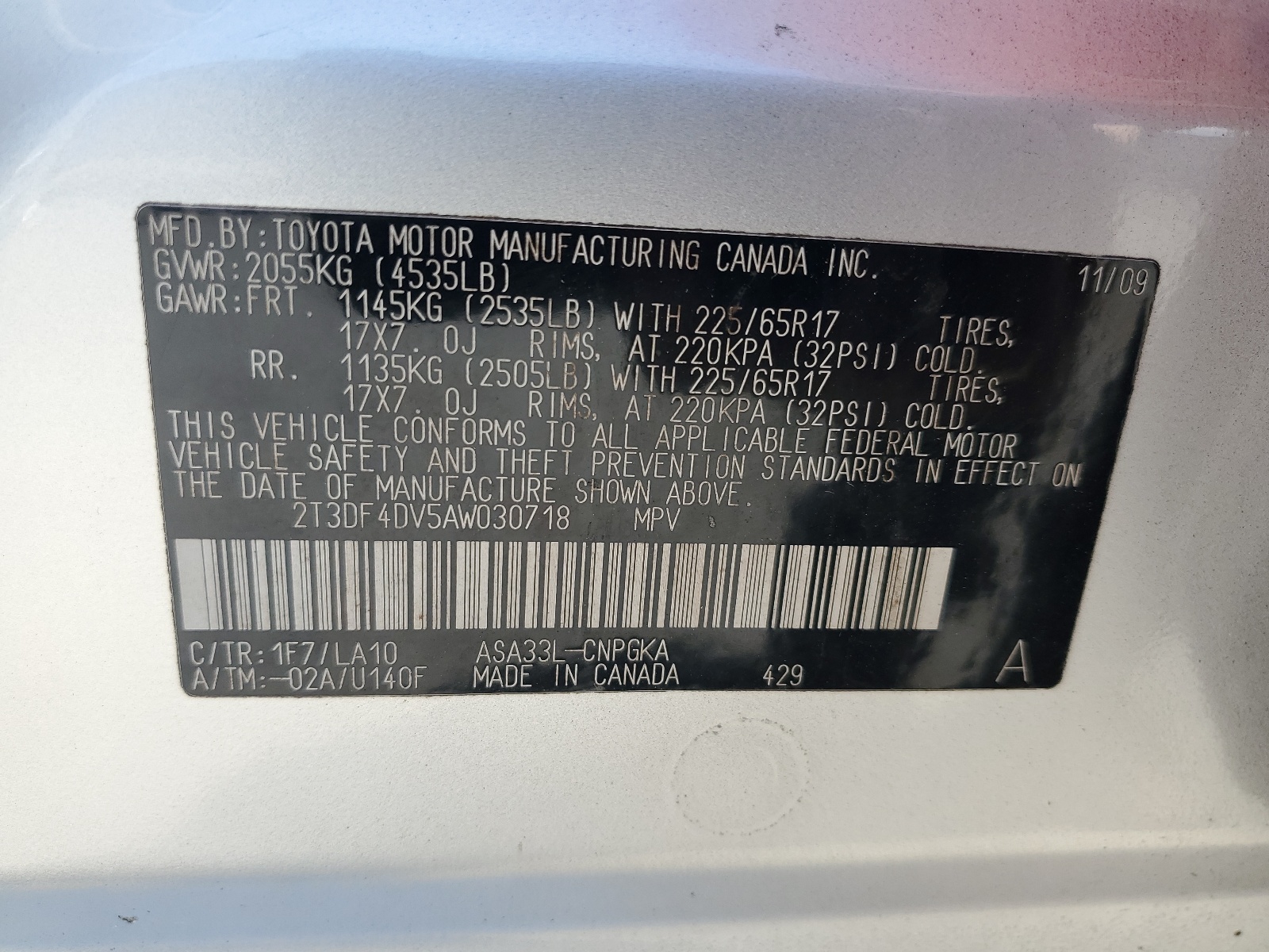 2T3DF4DV5AW030718 2010 Toyota Rav4 Limited