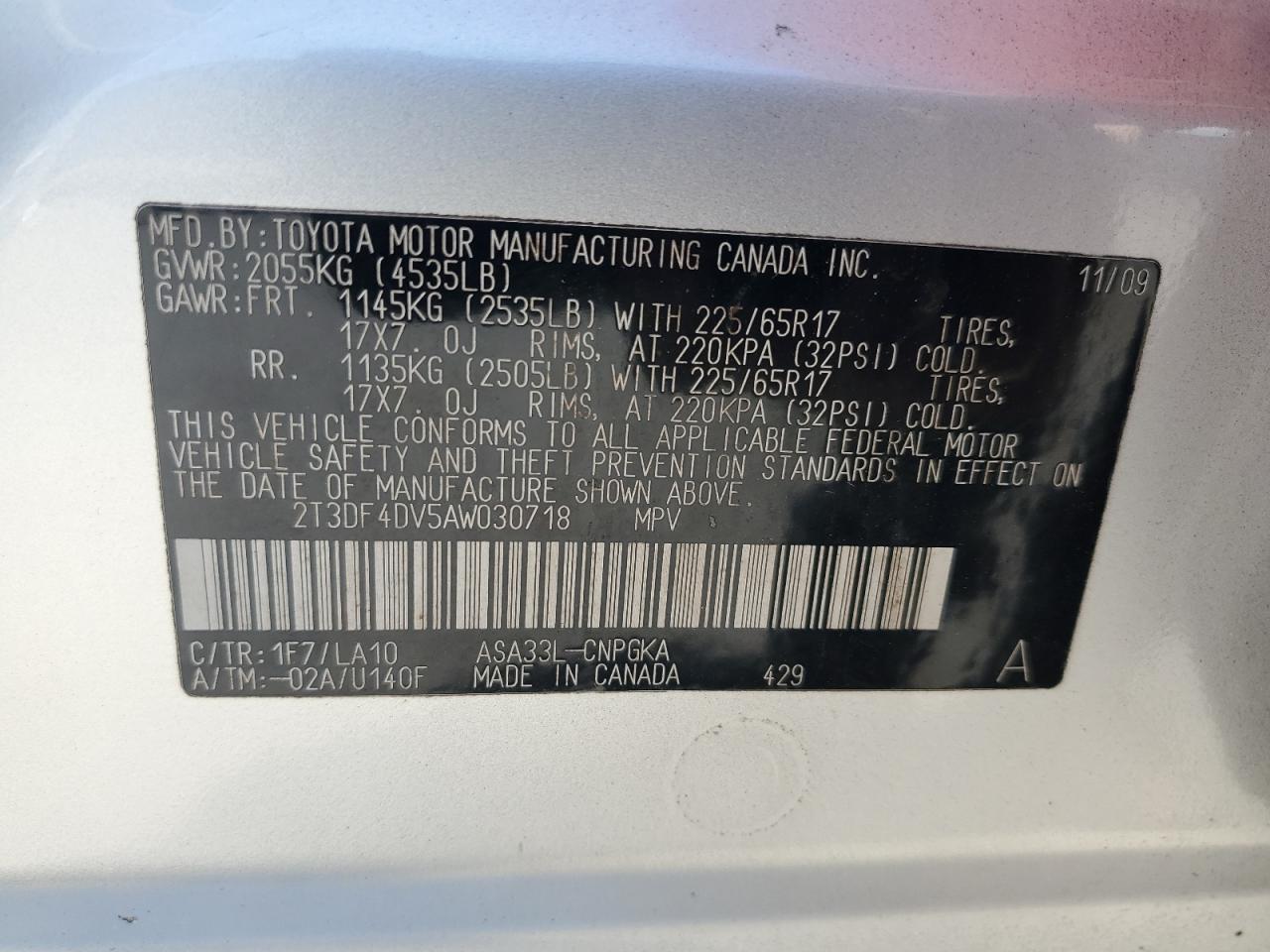 2010 Toyota Rav4 Limited VIN: 2T3DF4DV5AW030718 Lot: 55149294