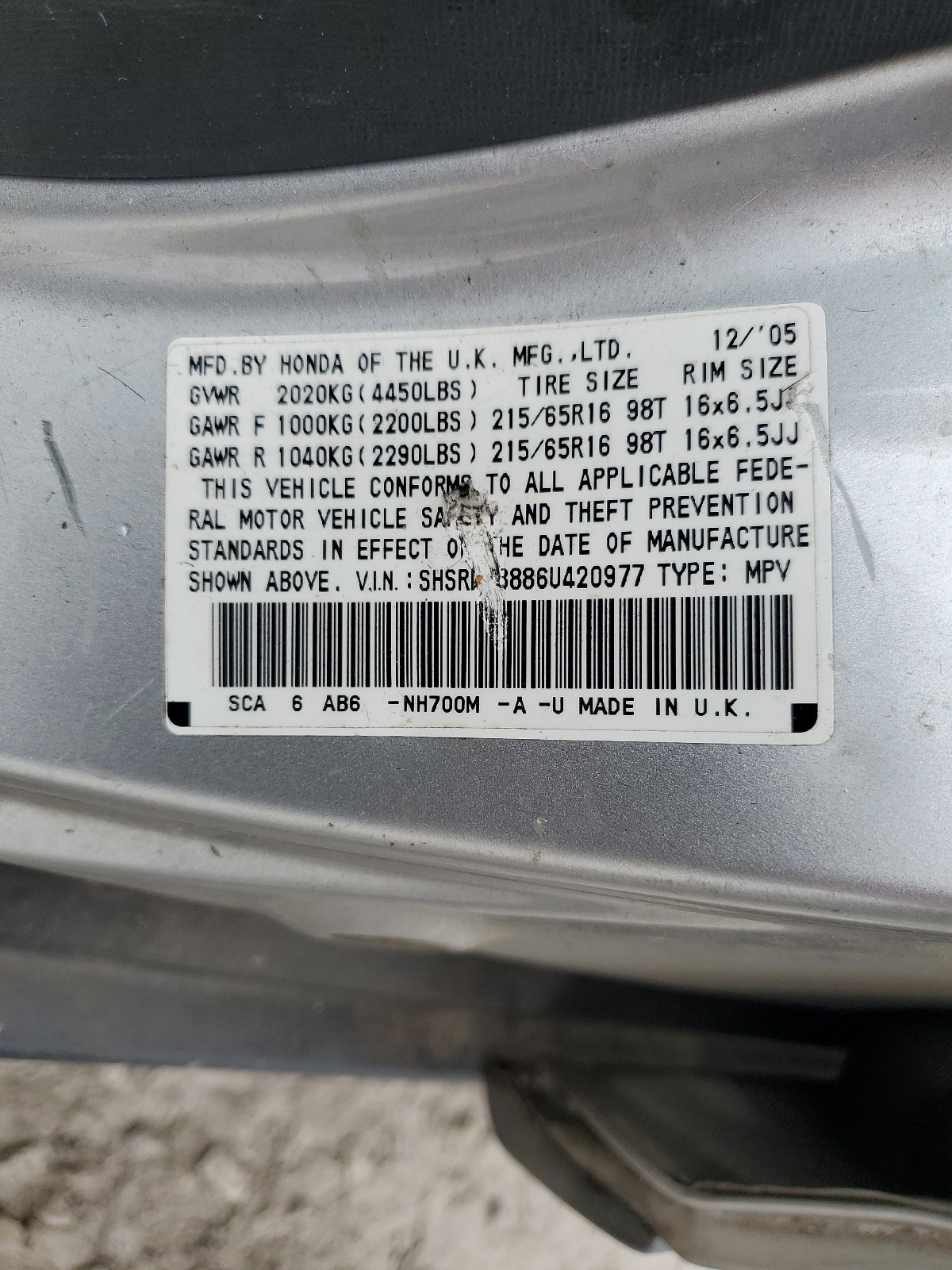 SHSRD78886U420977 2006 Honda Cr-V Ex