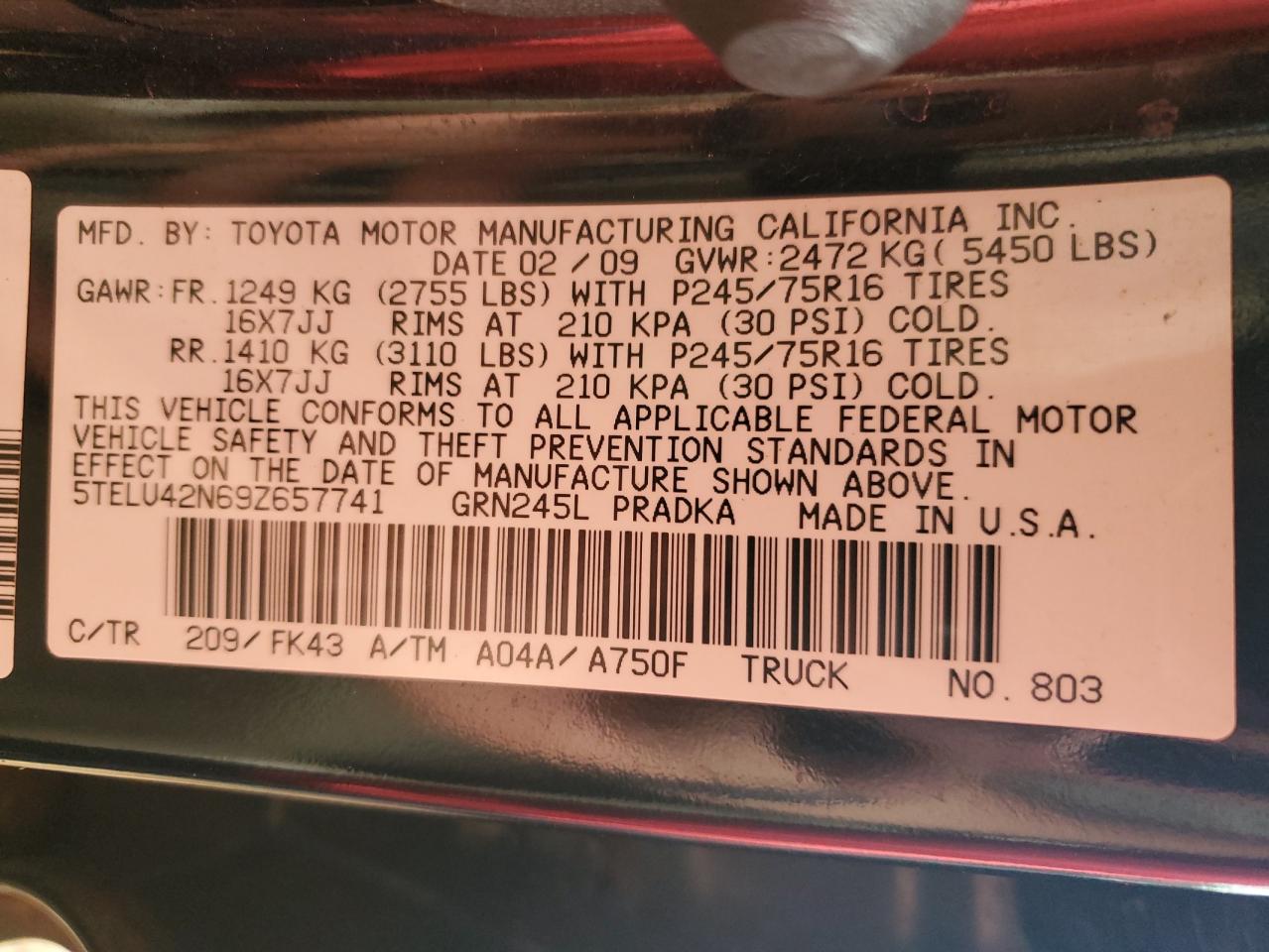 2009 Toyota Tacoma Double Cab VIN: 5TELU42N69Z657741 Lot: 53296104