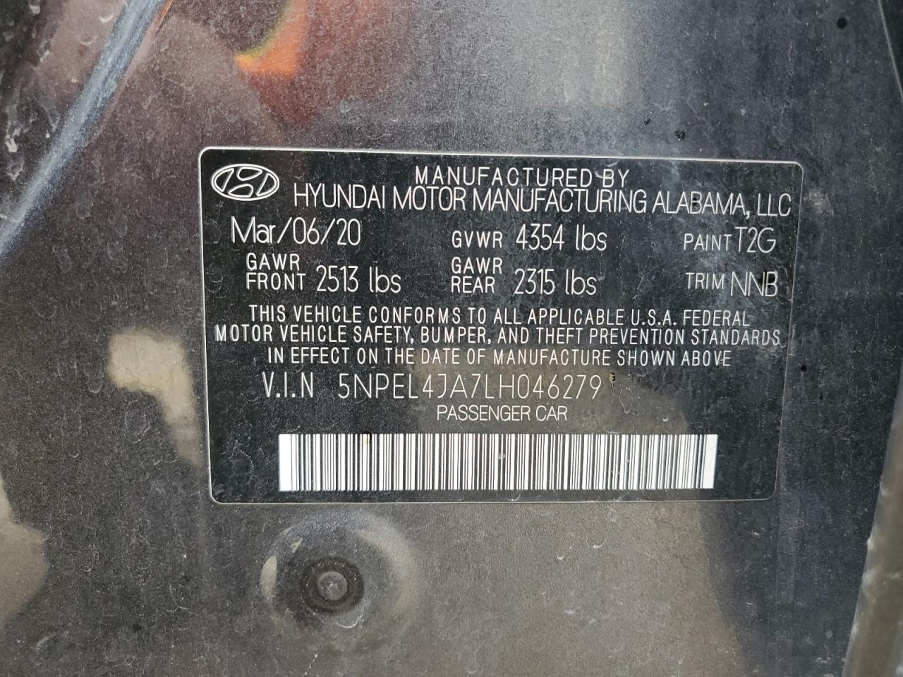 5NPEL4JA7LH046279 2020 Hyundai Sonata Sel