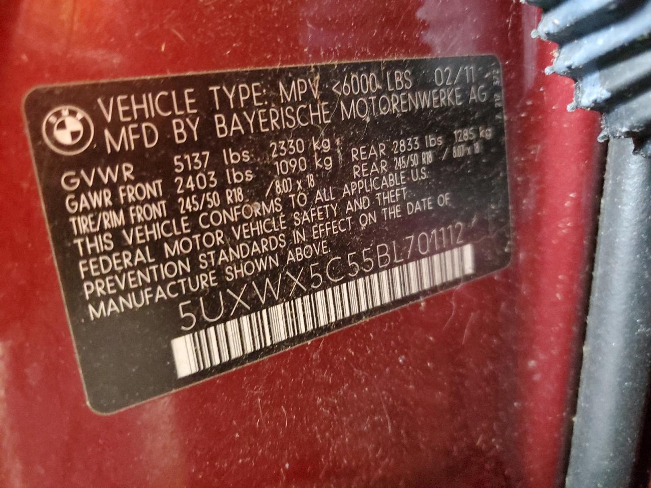 2011 BMW X3 xDrive28I VIN: 5UXWX5C55BL701112 Lot: 53771054