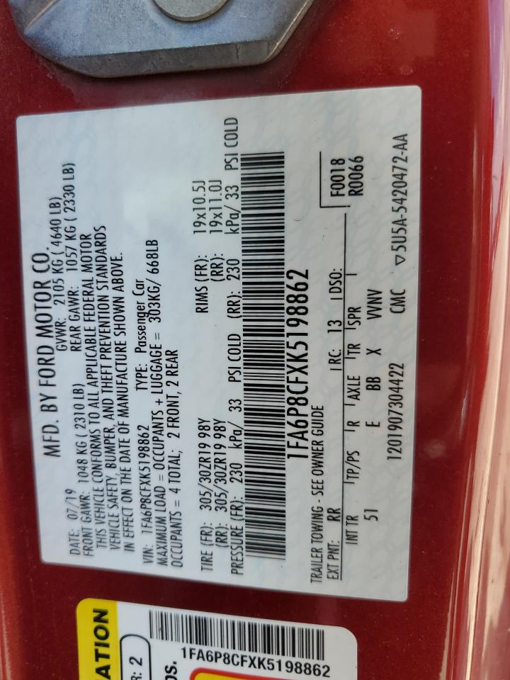 2019 Ford Mustang Gt VIN: 1FA6P8CFXK5198862 Lot: 54789174