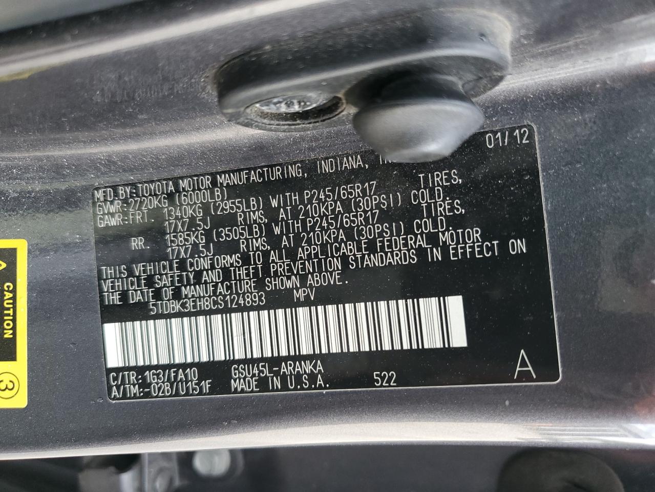 2012 Toyota Highlander Base VIN: 5TDBK3EH8CS124893 Lot: 56305534