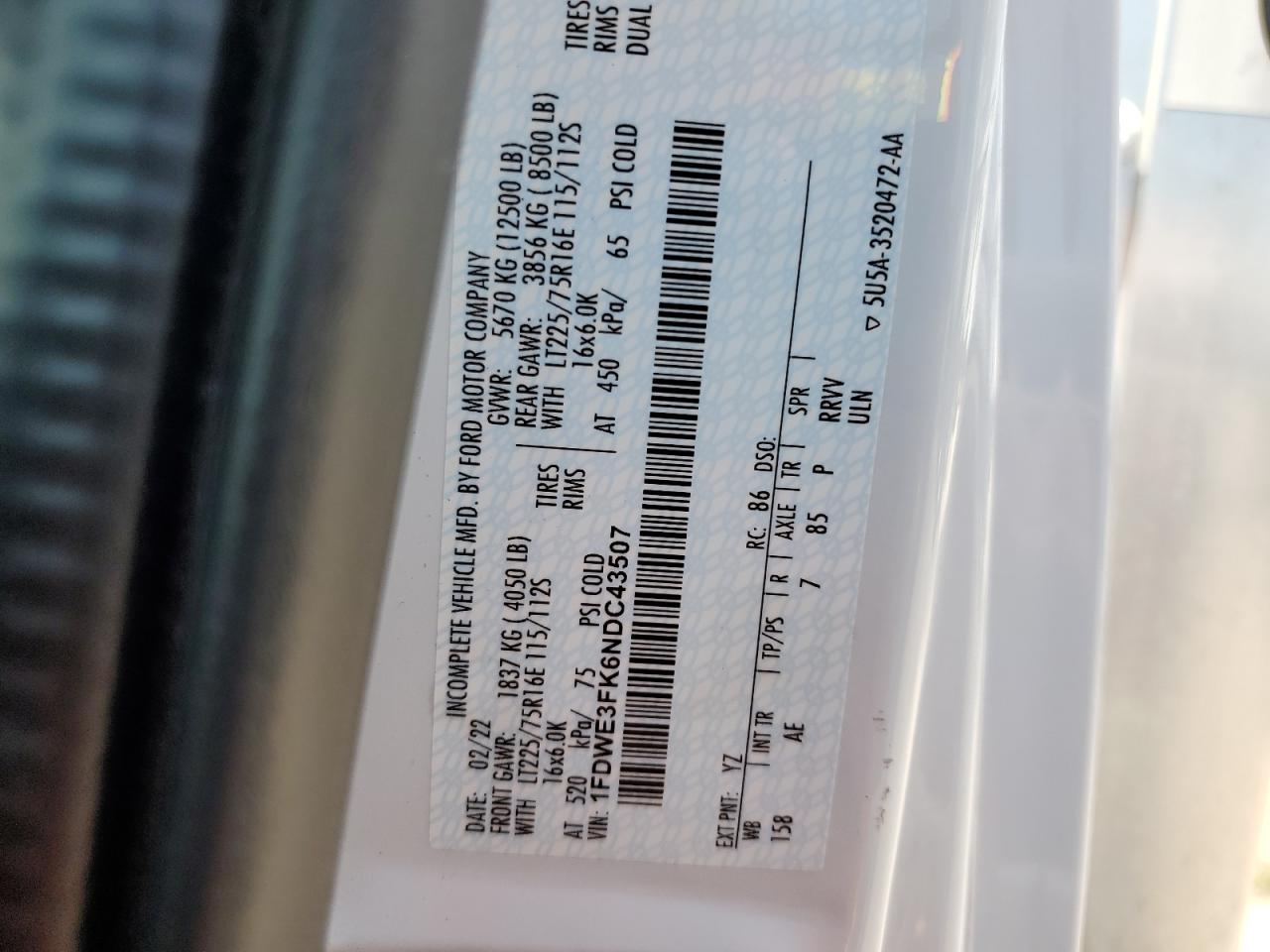 2022 Ford Econoline E350 Super Duty Cutaway Van VIN: 1FDWE3FK6NDC43507 Lot: 56633404