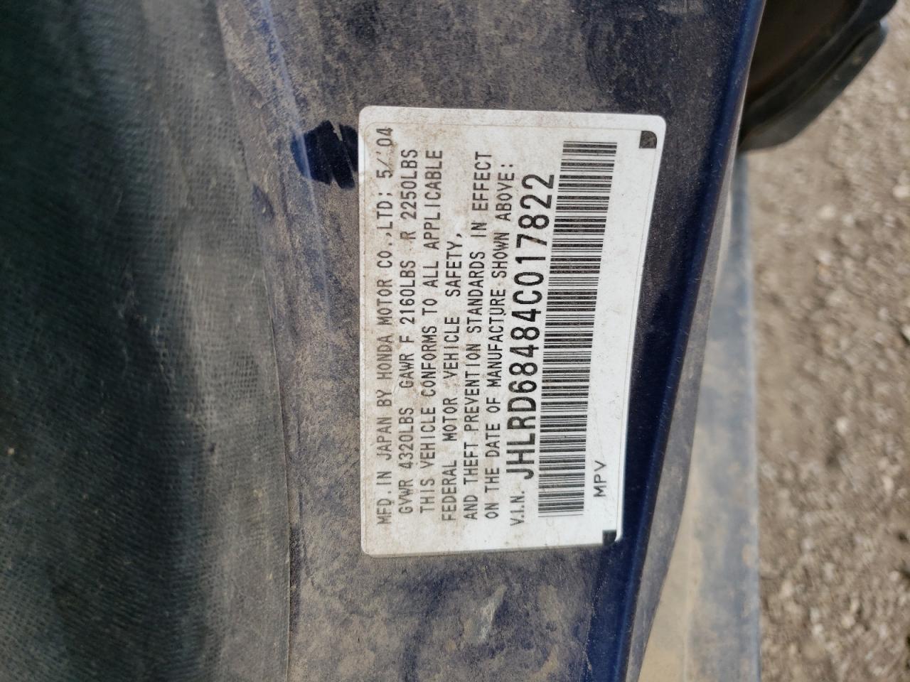 2004 Honda Cr-V Lx VIN: JHLRD68484C017822 Lot: 54216294