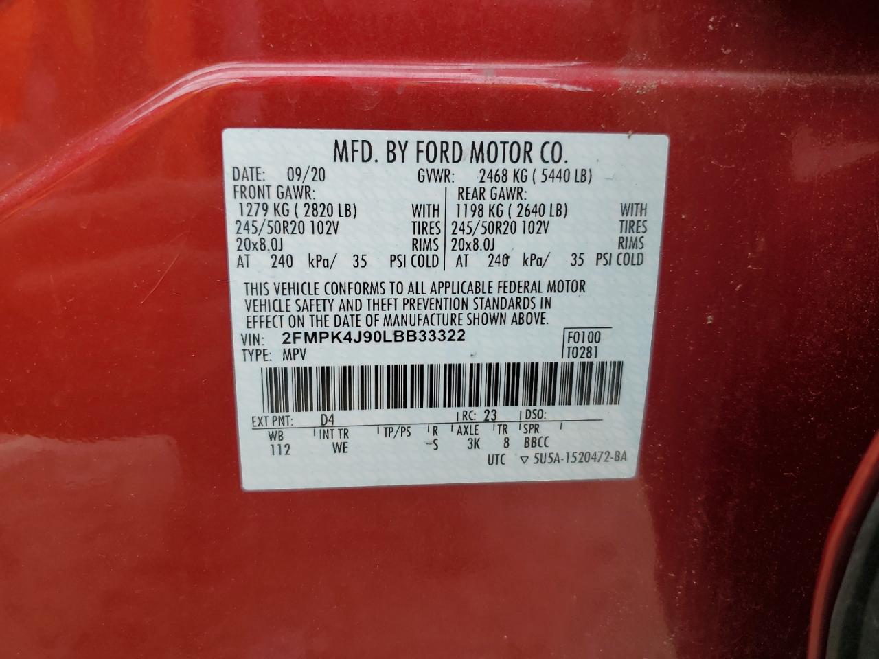 2020 Ford Edge Sel VIN: 2FMPK4J90LBB33322 Lot: 55236434