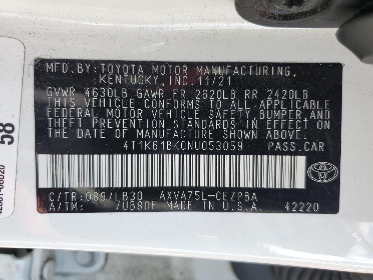 4T1K61BK0NU053059 2022 Toyota Camry Xse