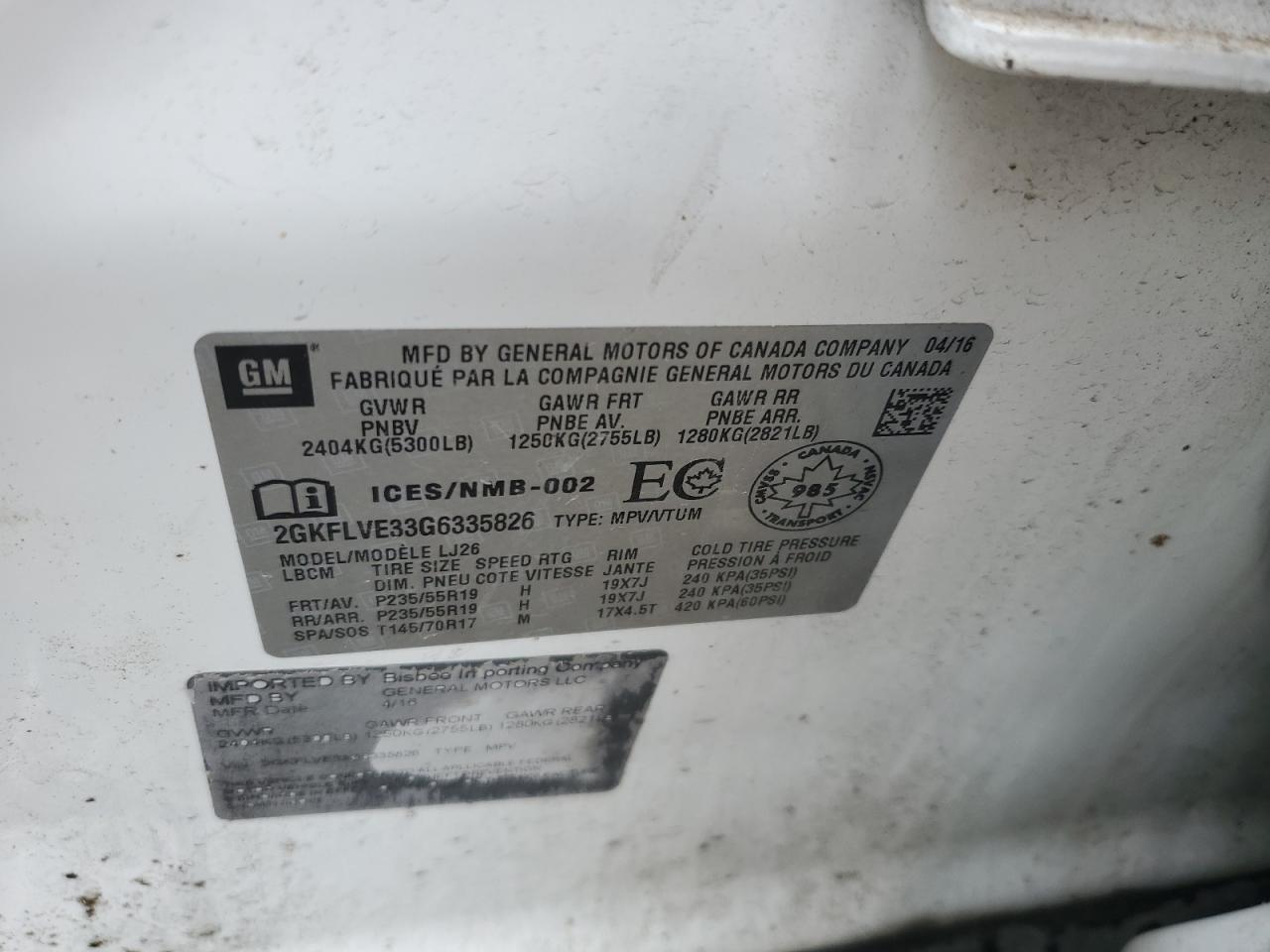 2016 GMC Terrain Denali VIN: 2GKFLVE33G6335826 Lot: 56143934