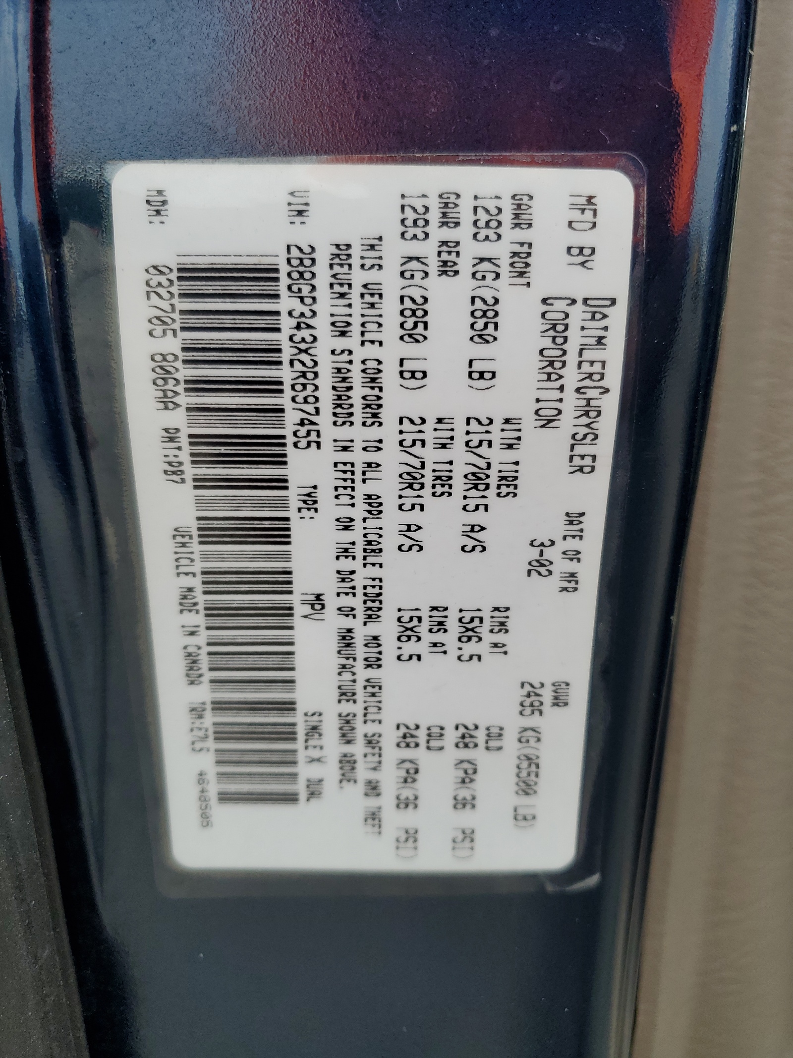 2B8GP343X2R697455 2002 Dodge Grand Caravan El