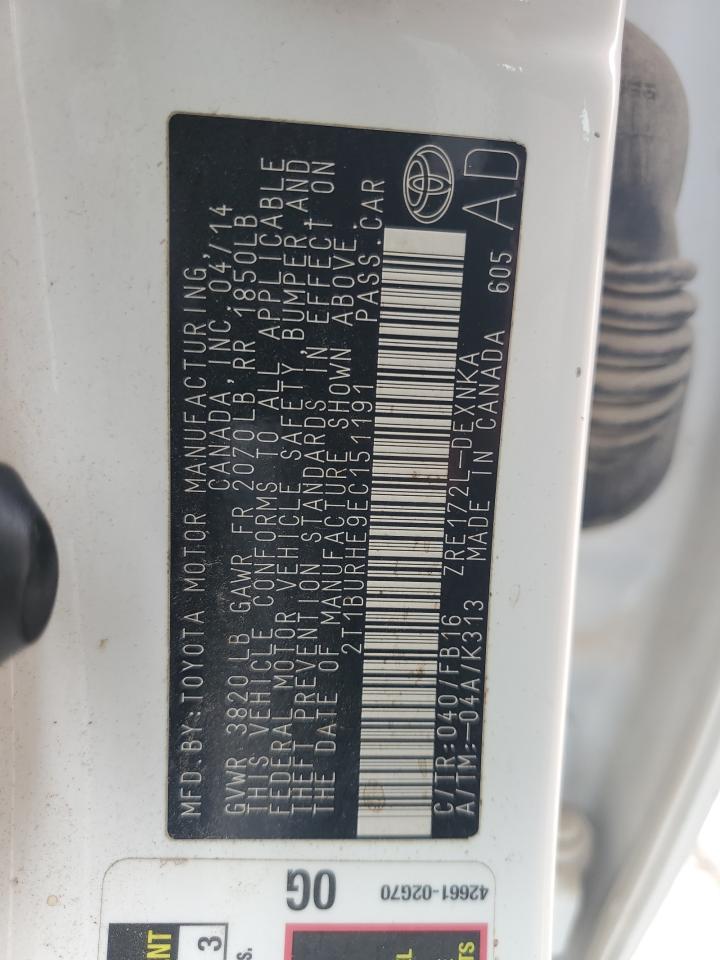 2014 Toyota Corolla L VIN: 2T1BURHE9EC151191 Lot: 53477454