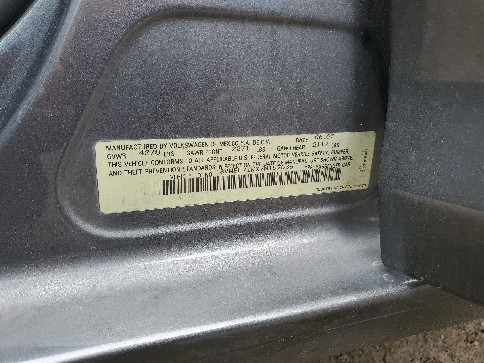 3VWEF71KX7M197535 2007 Volkswagen Jetta Wolfsburg