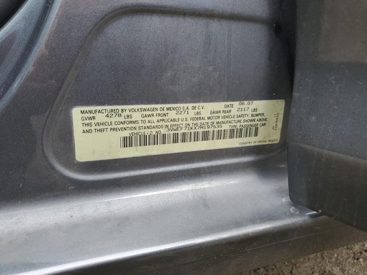 2007 Volkswagen Jetta Wolfsburg VIN: 3VWEF71KX7M197535 Lot: 53671194