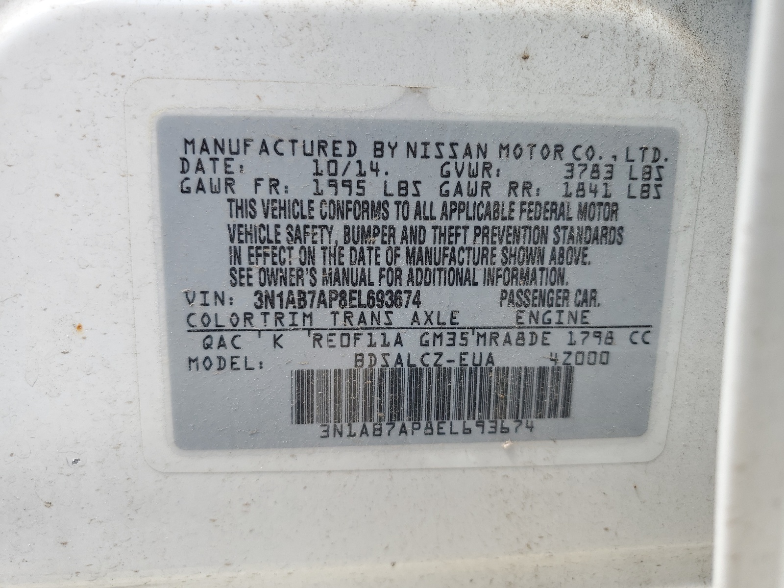 3N1AB7AP8EL693674 2014 Nissan Sentra S