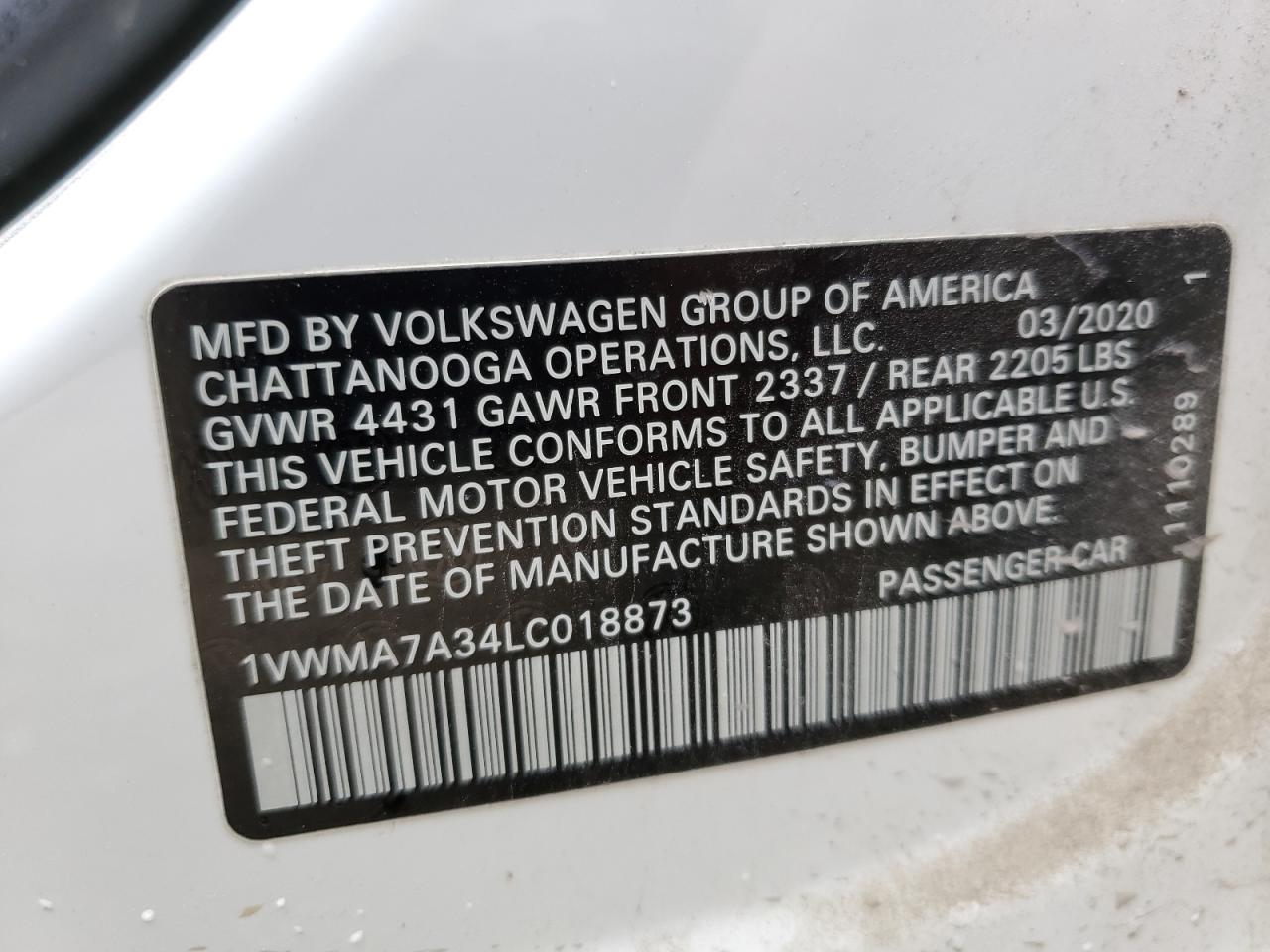 1VWMA7A34LC018873 2020 Volkswagen Passat R-Line