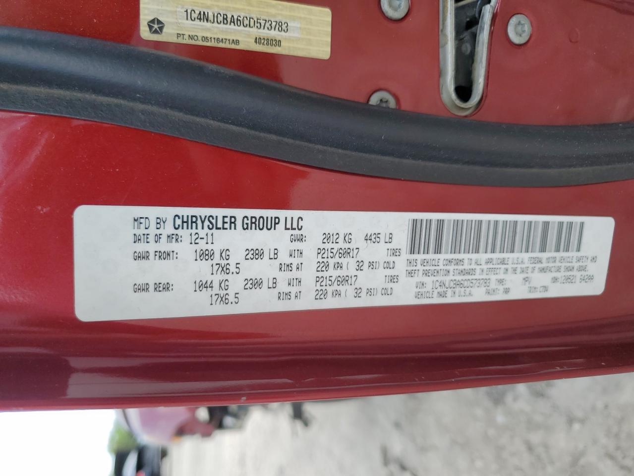 2012 Jeep Compass Sport VIN: 1C4NJCBA6CD573783 Lot: 53455714