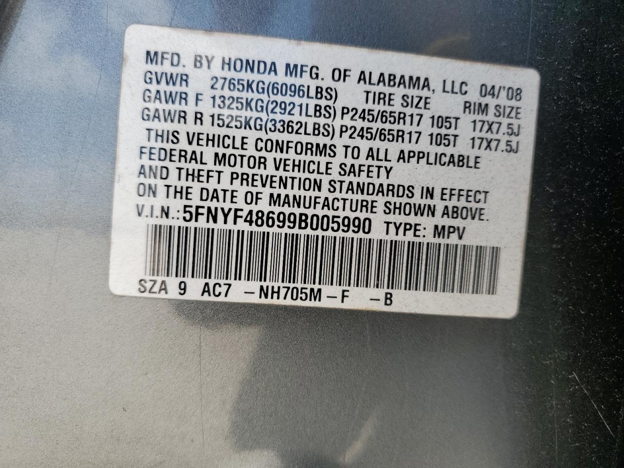 2009 Honda Pilot Exl VIN: 5FNYF48699B005990 Lot: 62997434