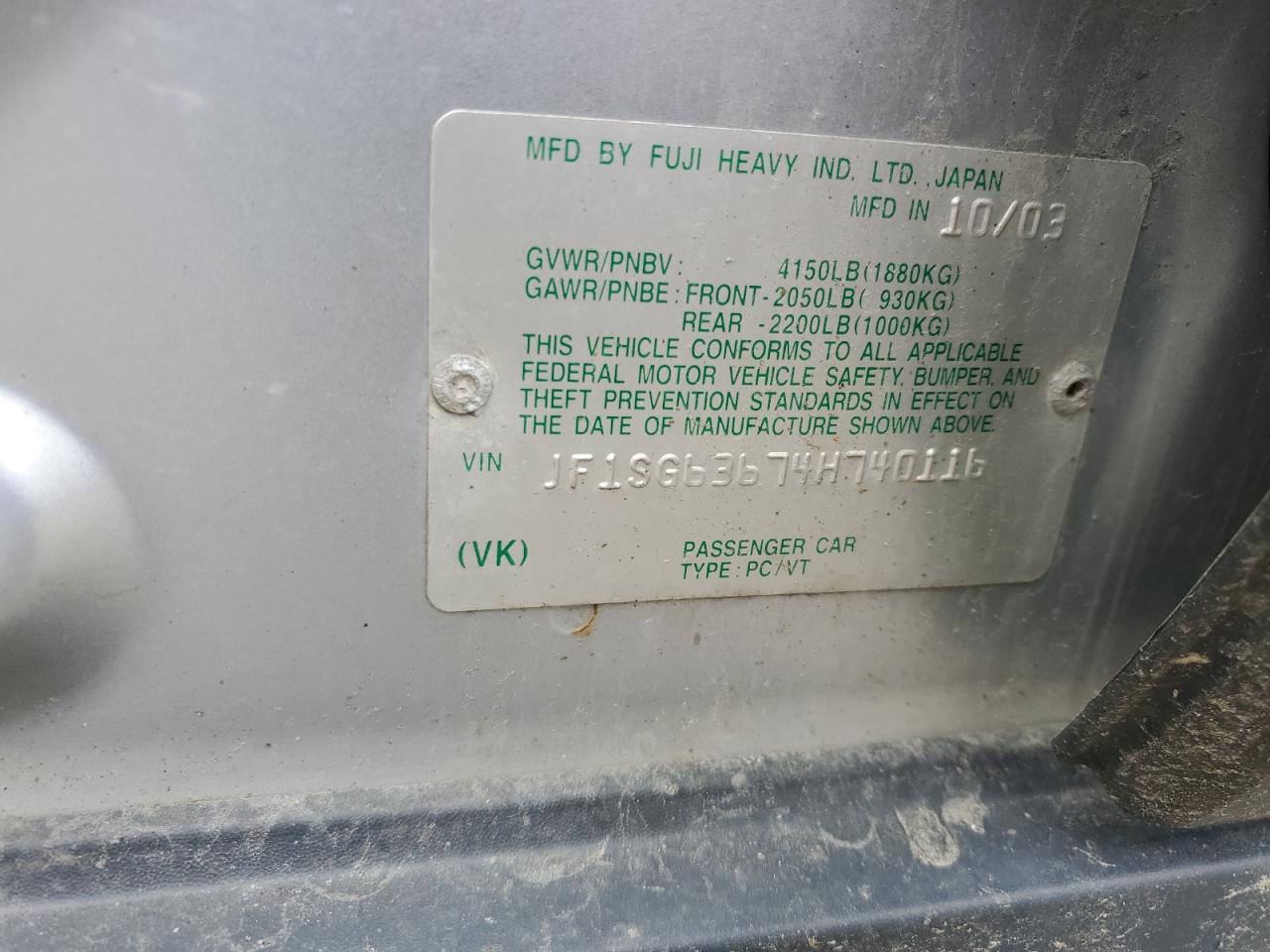 2004 Subaru Forester 2.5X VIN: JF1SG63674H740116 Lot: 54589394