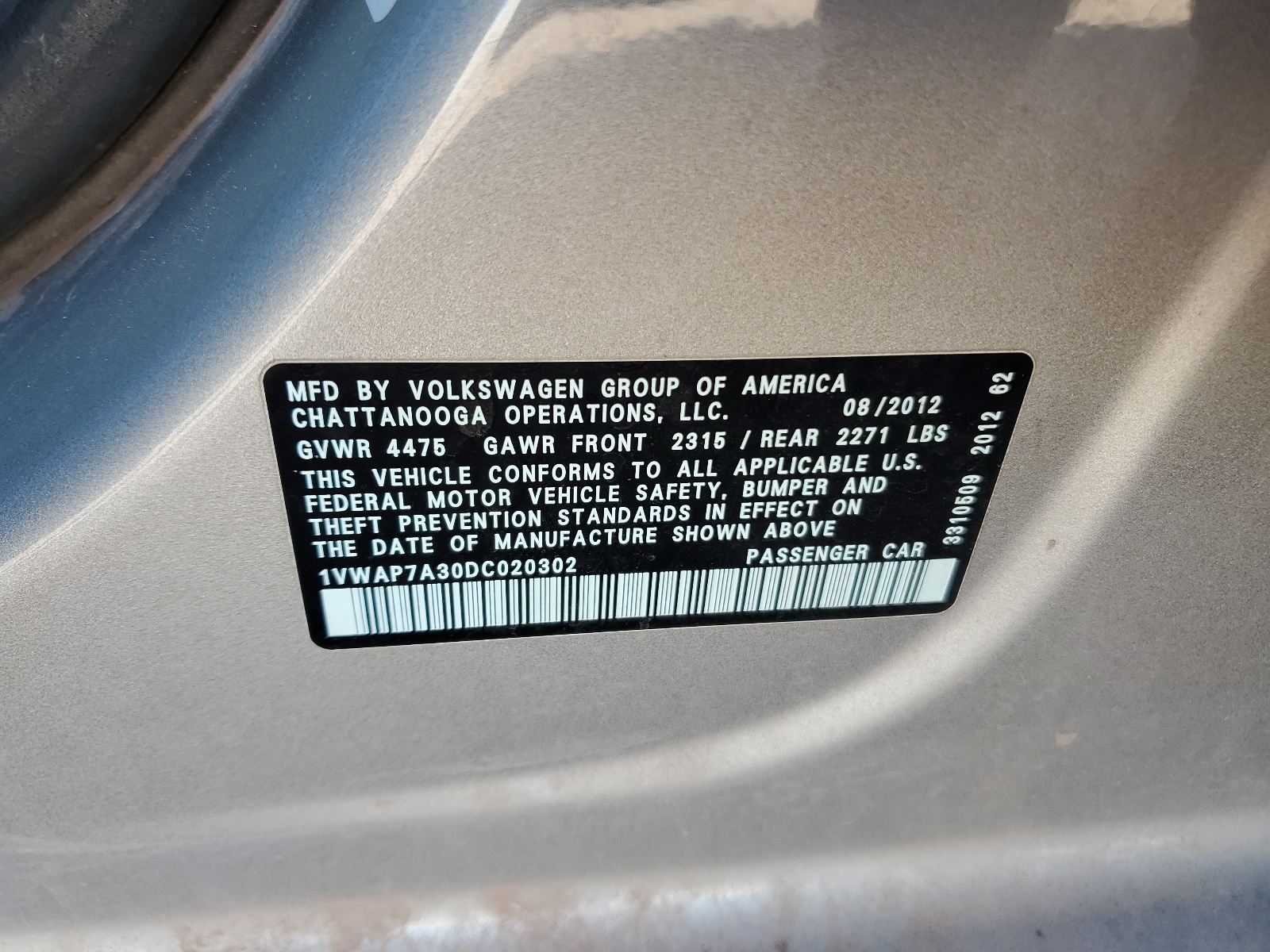 1VWAP7A30DC020302 2013 Volkswagen Passat S