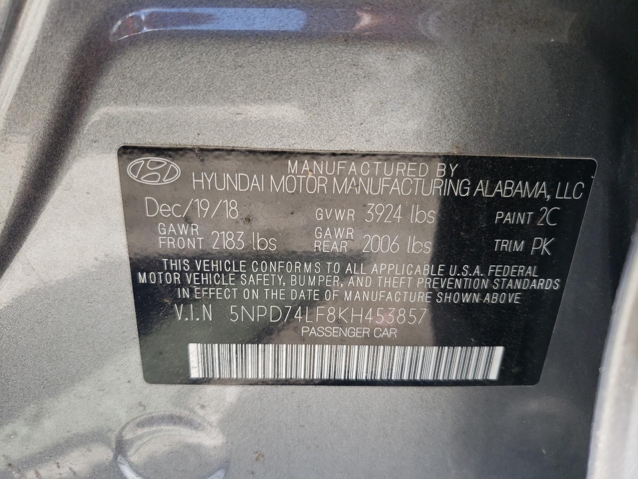 2019 Hyundai Elantra Se VIN: 5NPD74LF8KH453857 Lot: 57043064