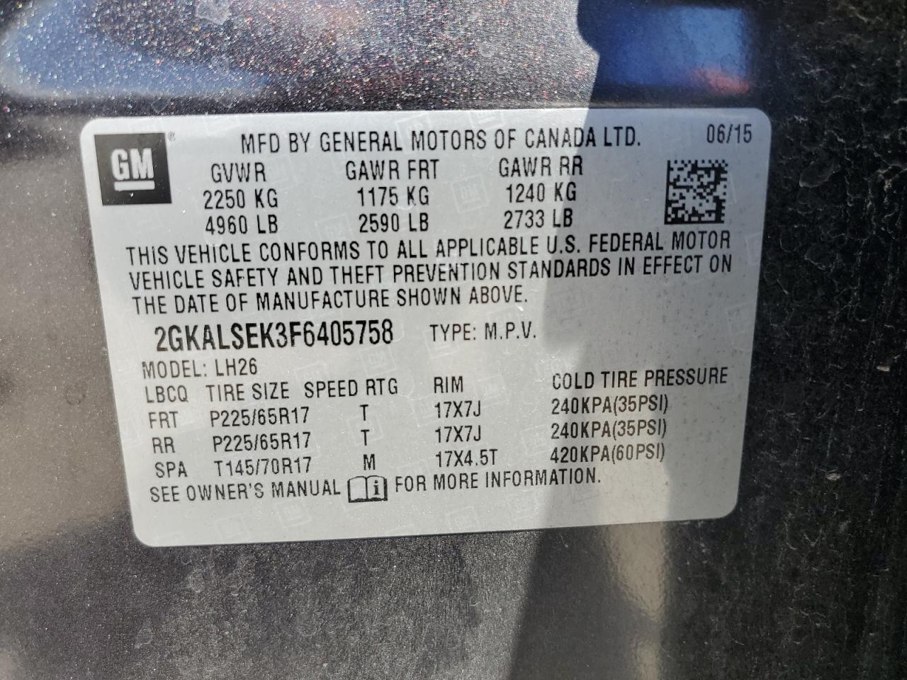 2015 GMC Terrain Slt VIN: 2GKALSEK3F6405758 Lot: 56761264