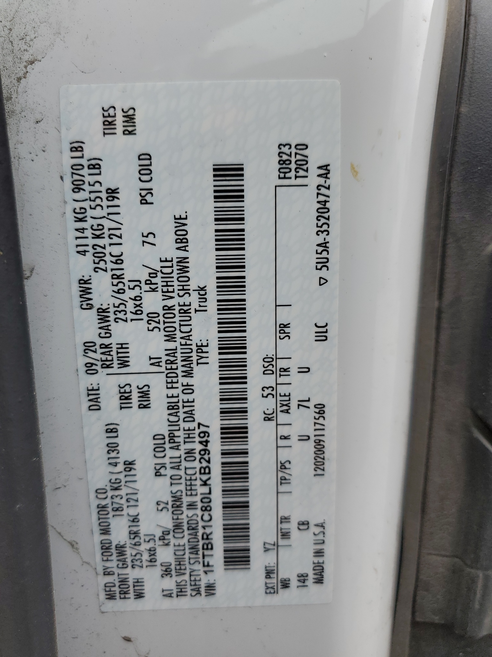 1FTBR1C80LKB29497 2020 Ford Transit T-250