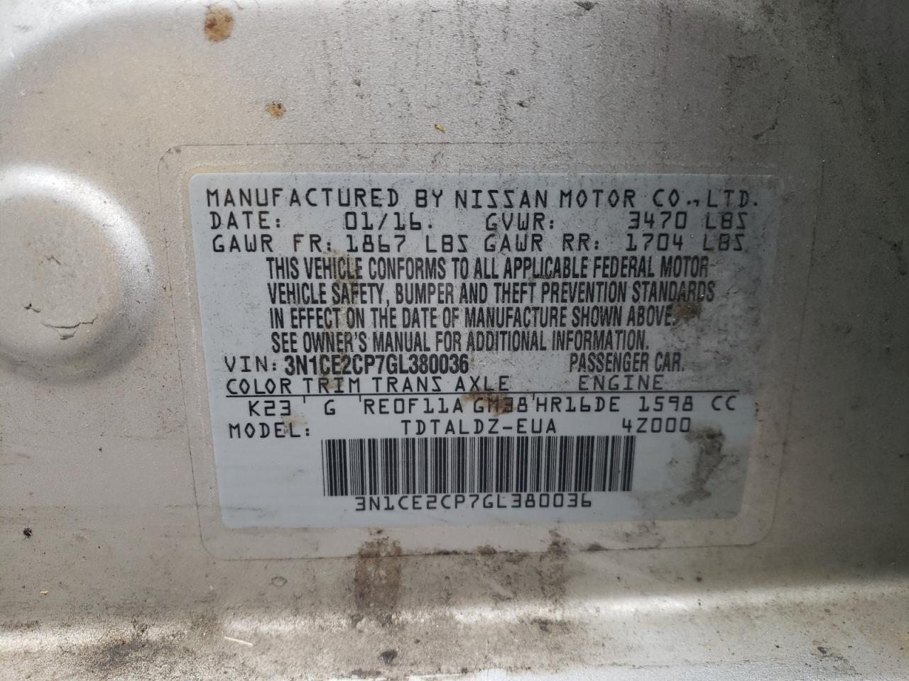 2016 Nissan Versa Note S VIN: 3N1CE2CP7GL380036 Lot: 52855044