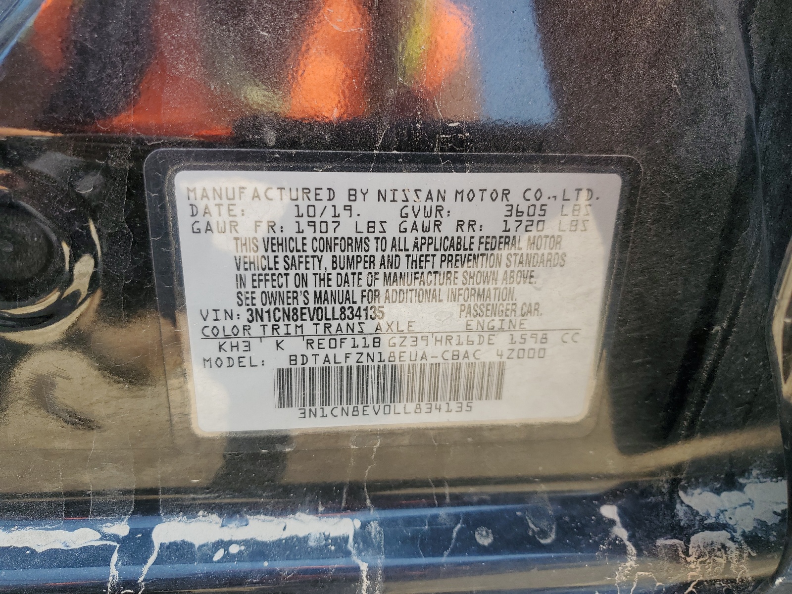 3N1CN8EV0LL834135 2020 Nissan Versa Sv