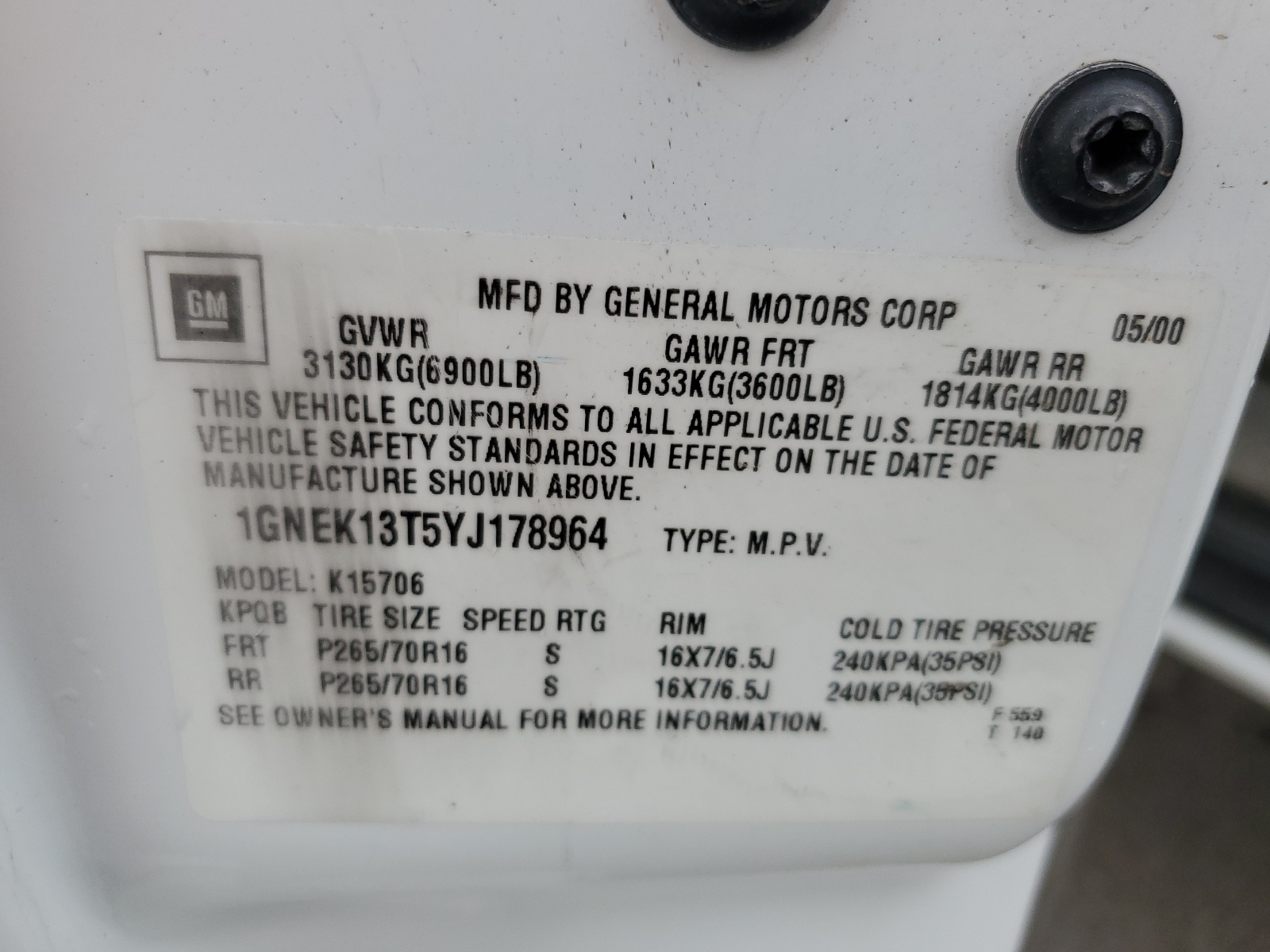 1GNEK13T5YJ178964 2000 Chevrolet Tahoe K1500