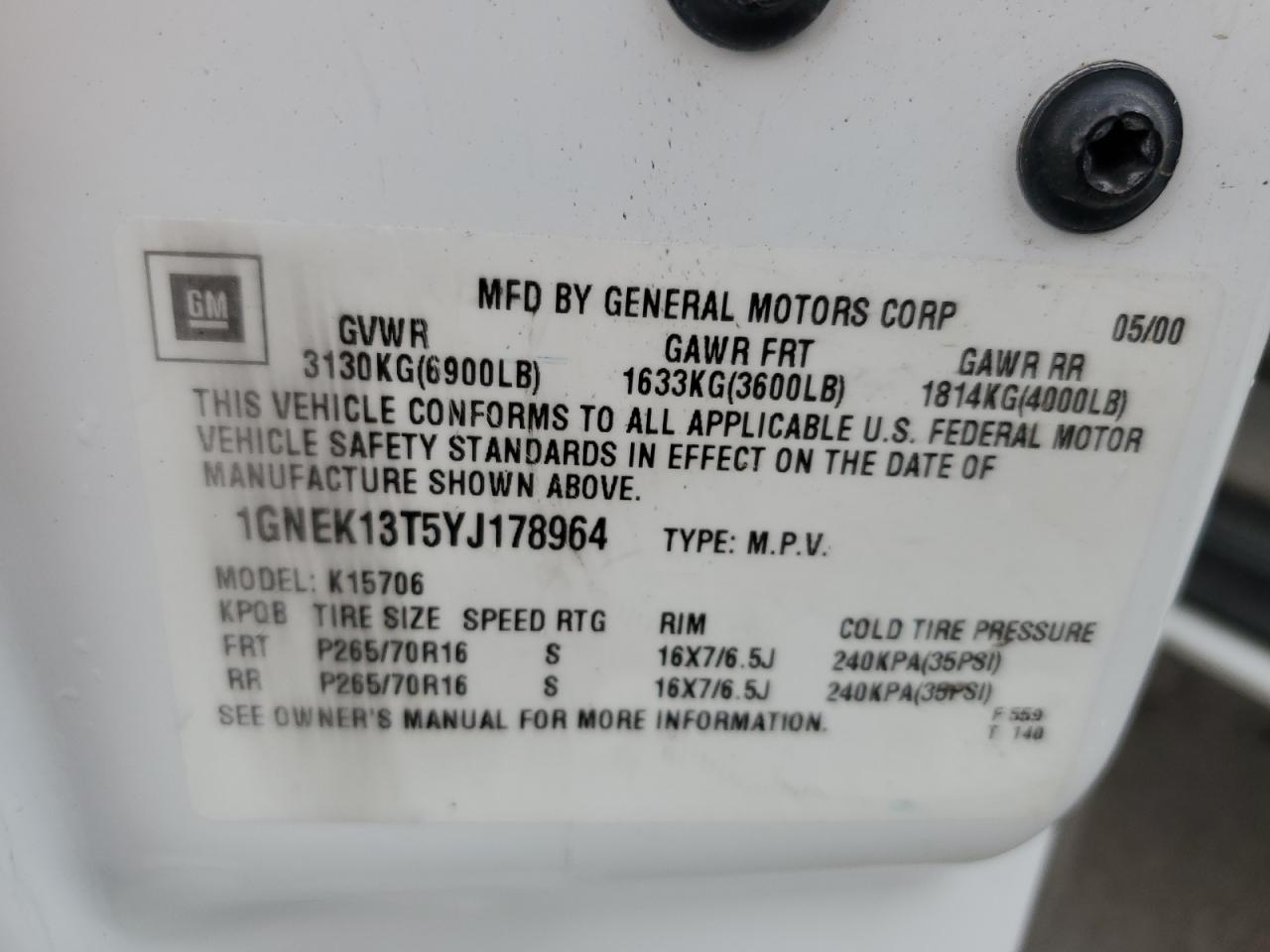 2000 Chevrolet Tahoe K1500 VIN: 1GNEK13T5YJ178964 Lot: 55955034