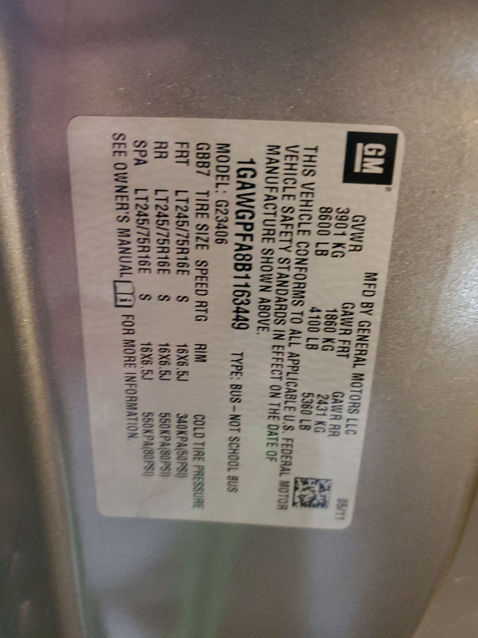 1GAWGPFA8B1163449 2011 Chevrolet Express G2500 Ls