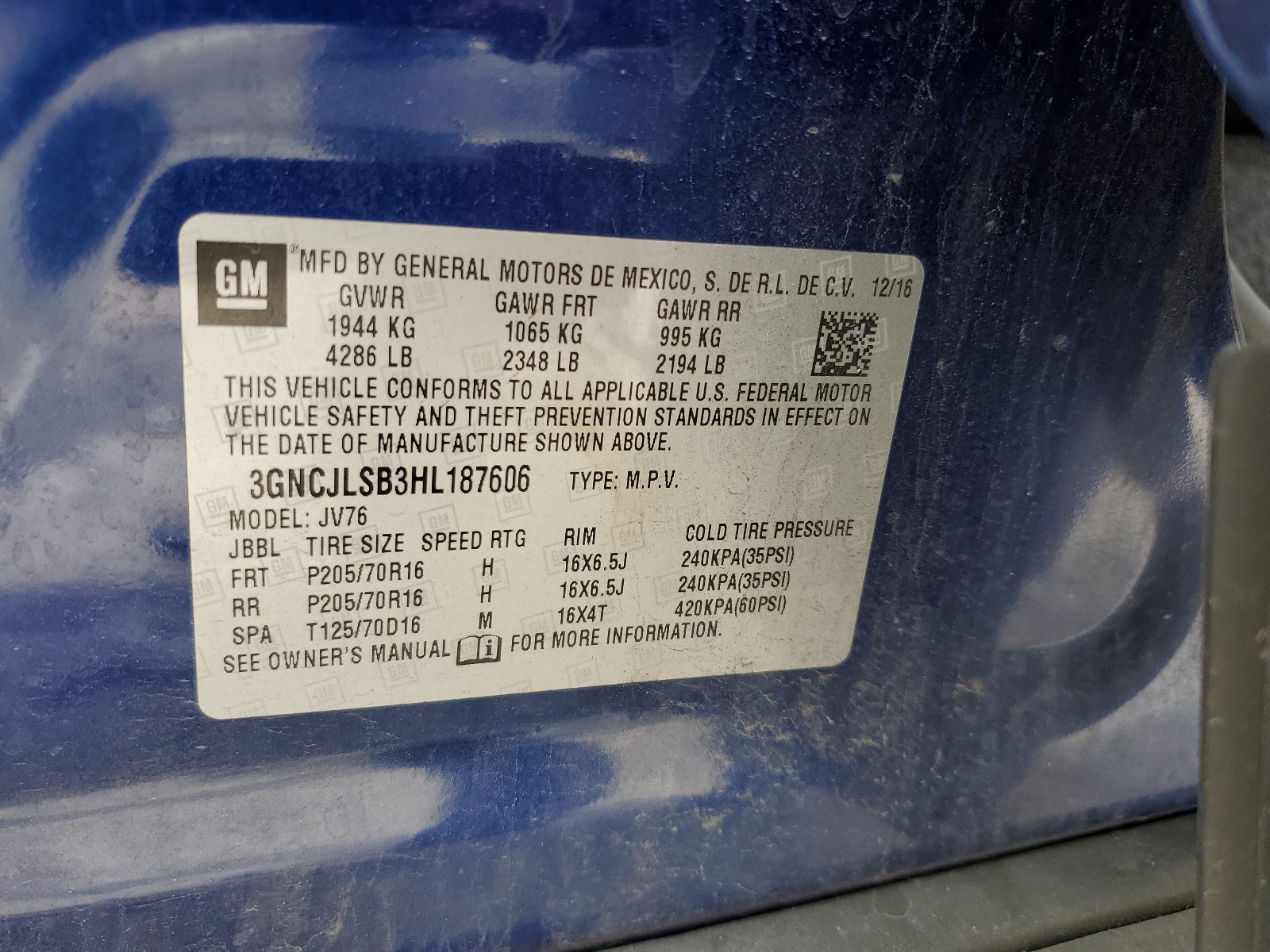 3GNCJLSB3HL187606 2017 Chevrolet Trax 1Lt