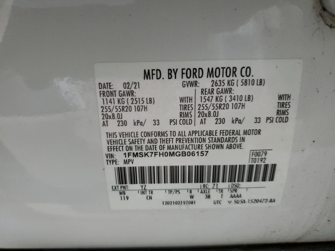 2021 Ford Explorer Limited VIN: 1FMSK7FH0MGB06157 Lot: 53777334