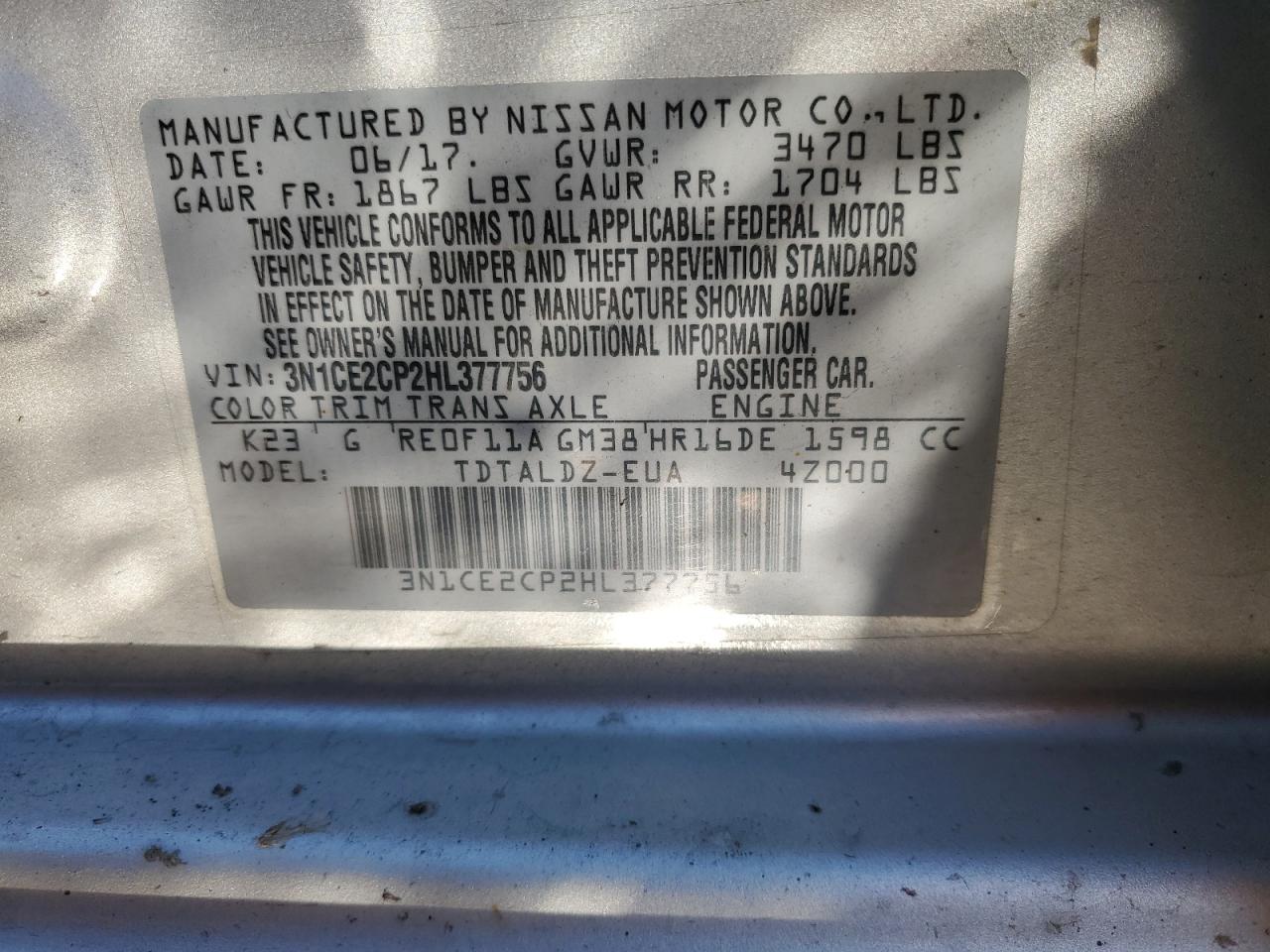 2017 Nissan Versa Note S VIN: 3N1CE2CP2HL377756 Lot: 56460414