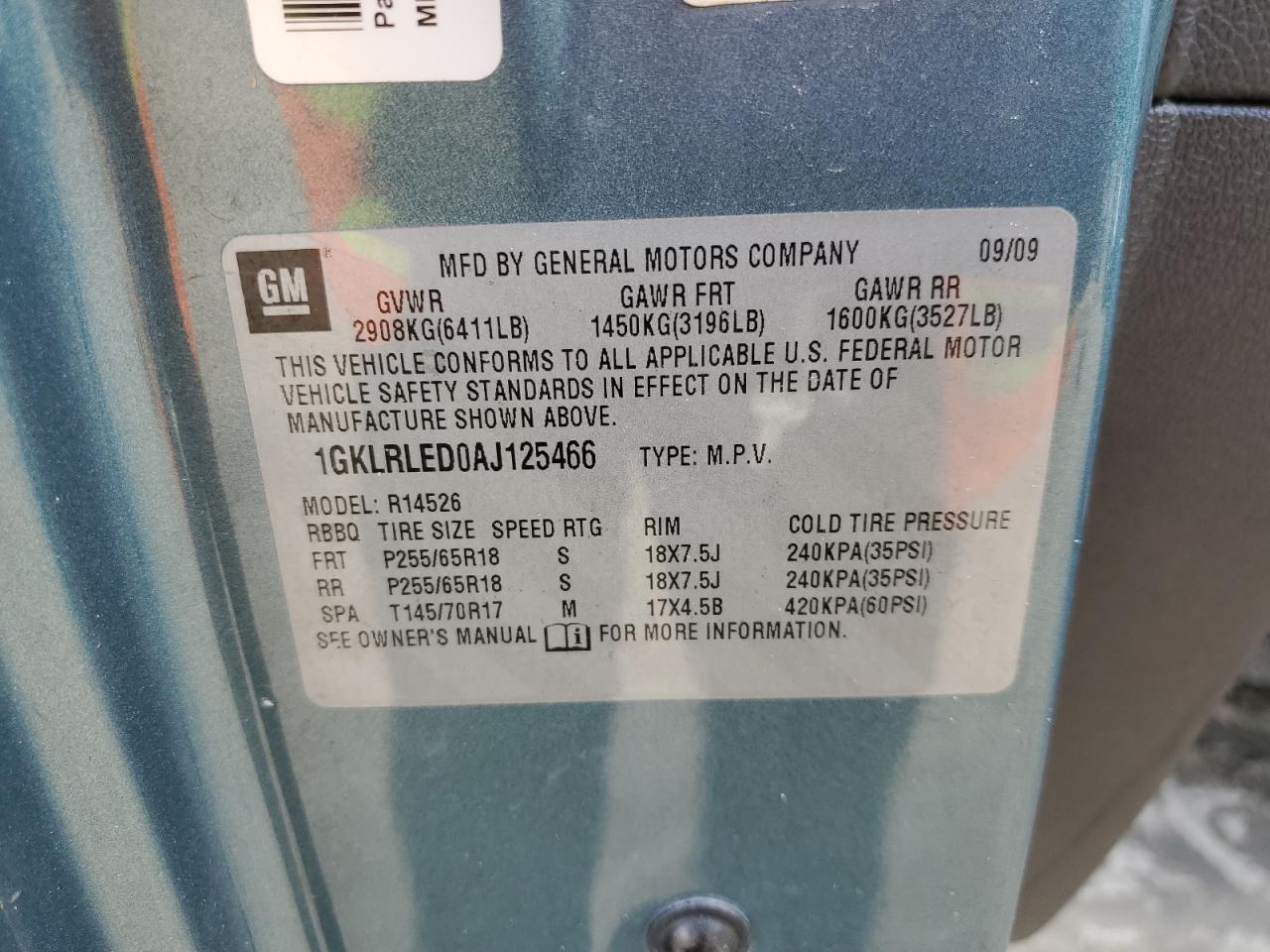 2010 GMC Acadia Sle VIN: 1GKLRLED0AJ125466 Lot: 52633594