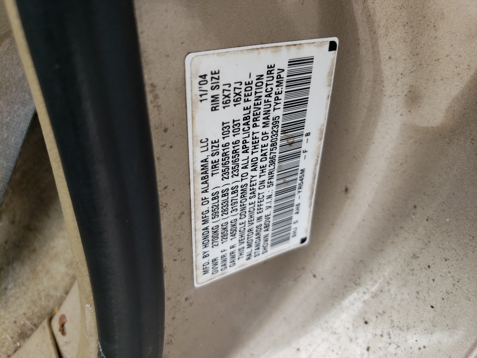 5FNRL38675B032395 2005 Honda Odyssey Exl